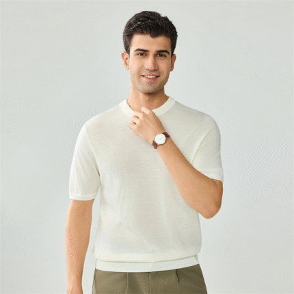 16-Ply Fine-Spun German Yangtze Yarn Base Layer Short-Sleeve Wool Sweater, 100% Pure Wool, New Round-Neck Casual Knitwear